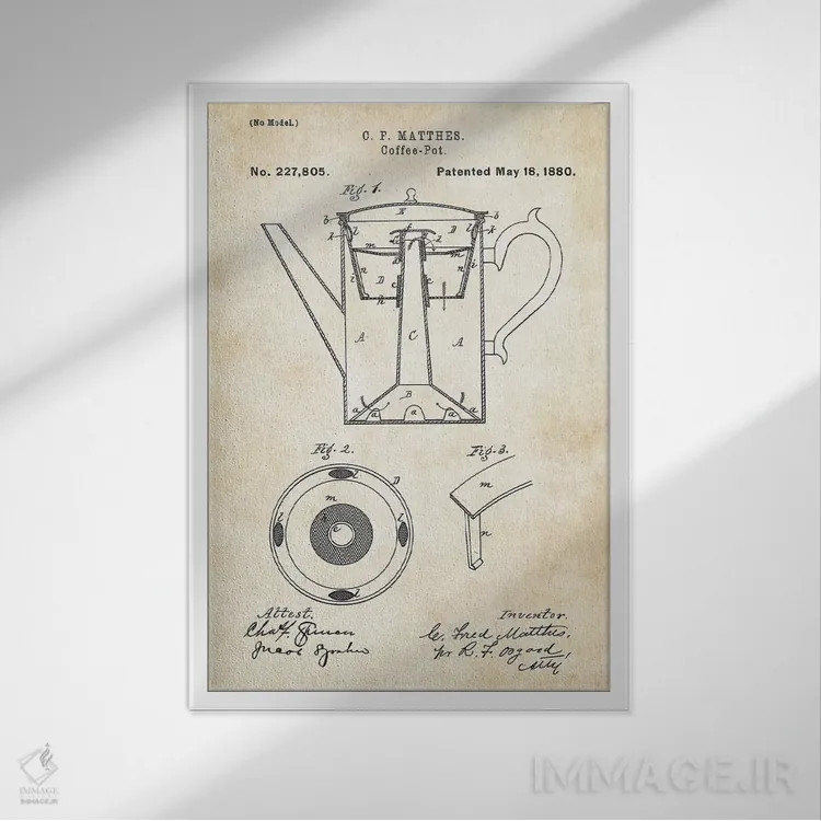 تابلو دکوراتیو قوری قهوه اثر پتنت ۷۷ - نمای قابدار سفید