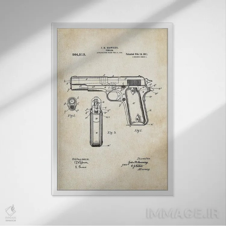 تابلو دکوراتیو تپانچه کلت ۱۹۱۱ اثر پتنت ۷۷ - نمای قابدار سفید