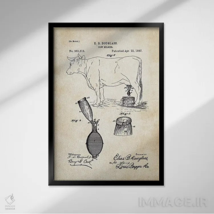 تابلو دکوراتیو دستگاه شیردوشی گاو اثر پتنت ۷۷ - نمای قابدار مشکی