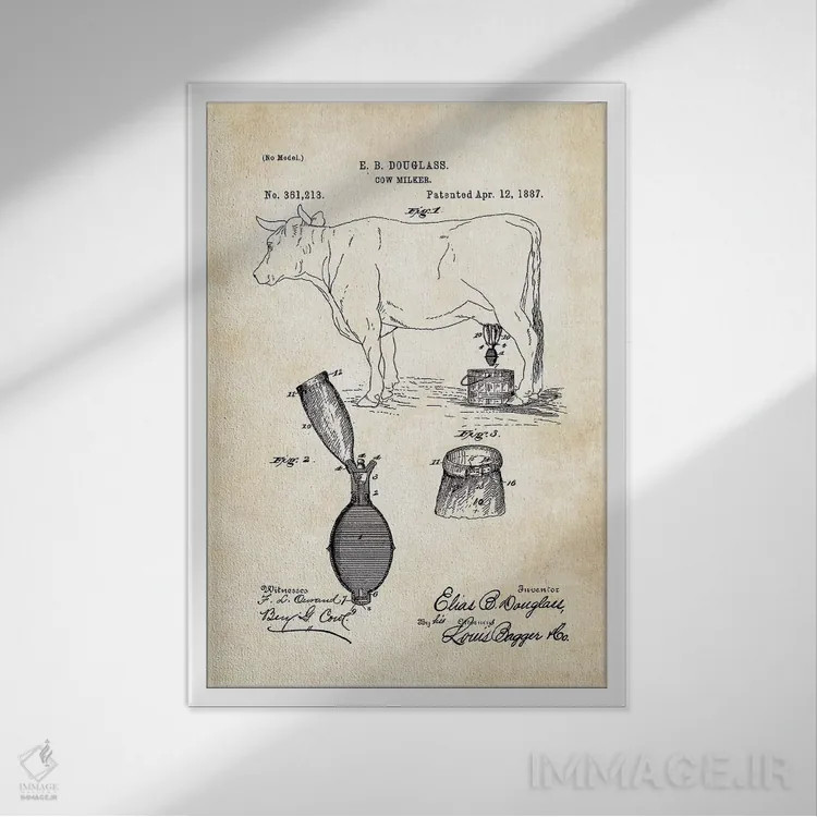 تابلو دکوراتیو دستگاه شیردوشی گاو اثر پتنت ۷۷ - نمای قابدار سفید