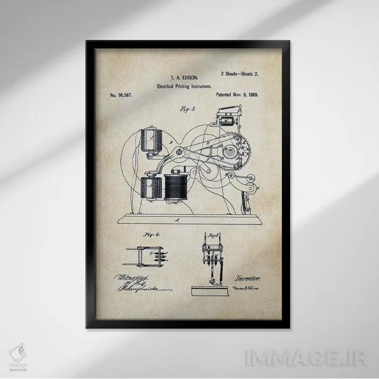 تابلو دکوراتیو دستگاه تیکر ادیسون اثر پتنت ۷۷ - نمای قابدار مشکی
