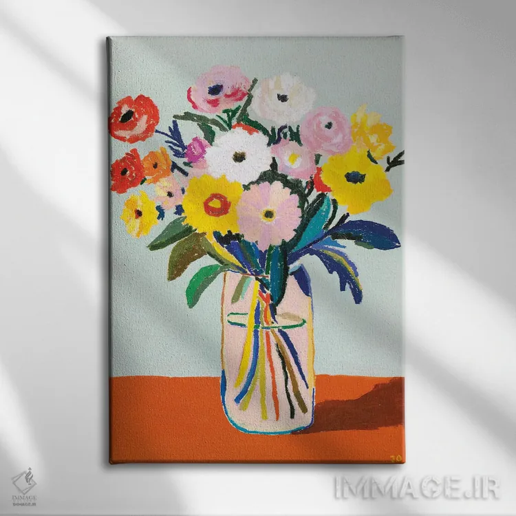 تابلو دکوراتیو دسته گل روی زمینه آبی اثر پرتی پینتر - نمای روبهرو روی دیوار