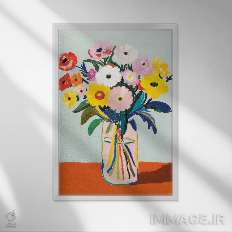 تابلو دکوراتیو دسته گل روی زمینه آبی اثر پرتی پینتر - نمای قابدار سفید