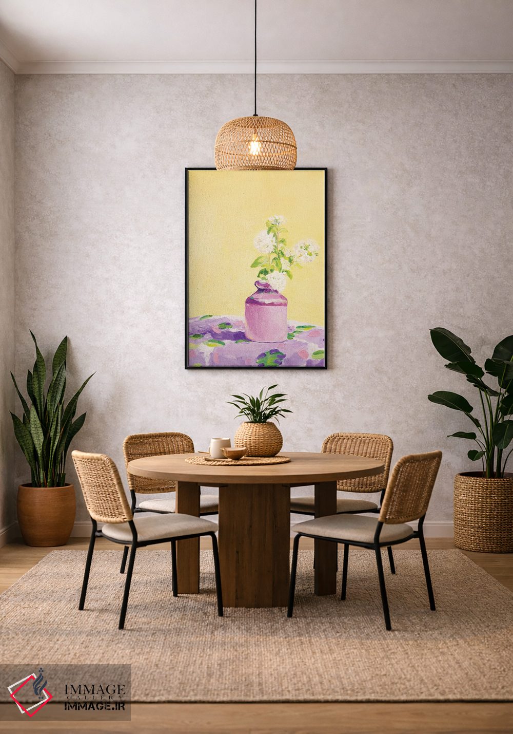 تابلو دکوراتیو بنفش روی گلدان غنچه زرد اثر پرتی پینتر - D4B