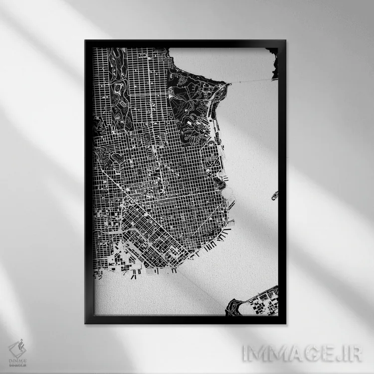تابلو انتزاعی سان فرانسیسکو سیاه و سفید اثر پلانوس اوربانوس - نمای قابدار مشکی