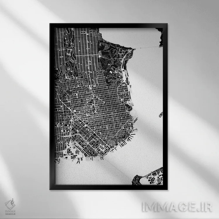 تابلو انتزاعی سان فرانسیسکو سیاه و سفید اثر پلانوس اوربانوس - نمای قابدار مشکی