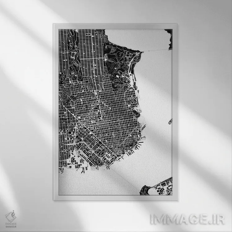 تابلو انتزاعی سان فرانسیسکو سیاه و سفید اثر پلانوس اوربانوس - نمای قابدار سفید