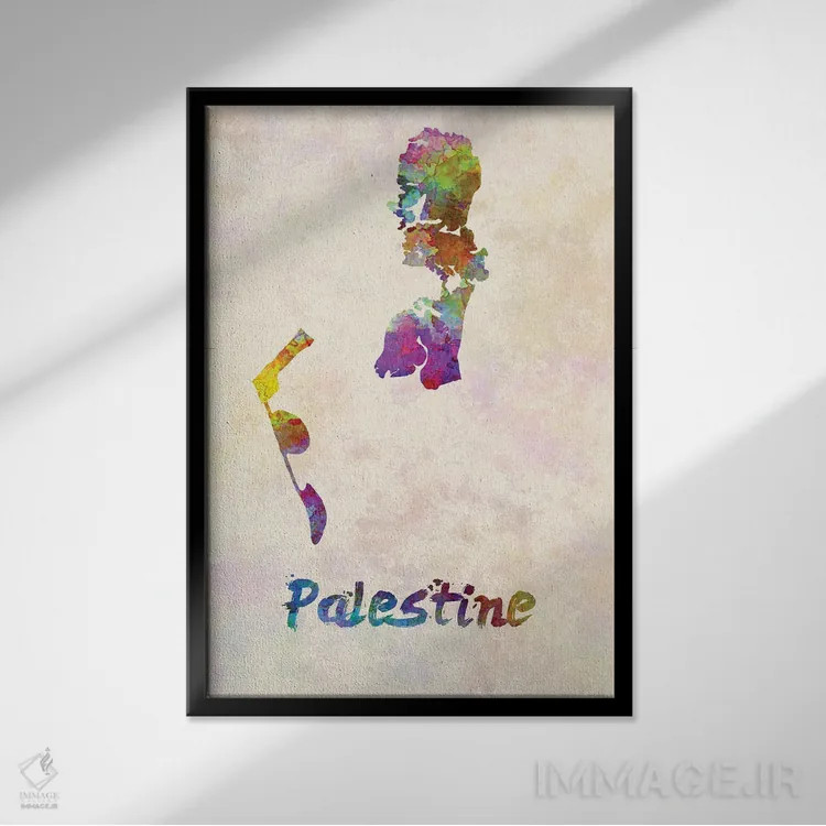 تابلو دکوراتیو نقشه فلسطین با تکنیک آبرنگ اثر پل رومر - نمای قابدار مشکی