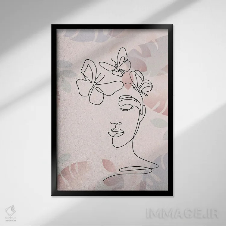 تابلو مینیمال پرتره مینیمال زن با گل شماره ۱ اثر پل رومر - نمای قابدار مشکی