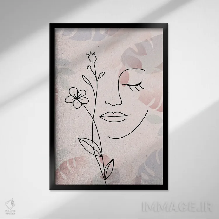 تابلو مینیمال پرتره مینیمال زن با گل شماره ۳ اثر پل رومر - نمای قابدار مشکی