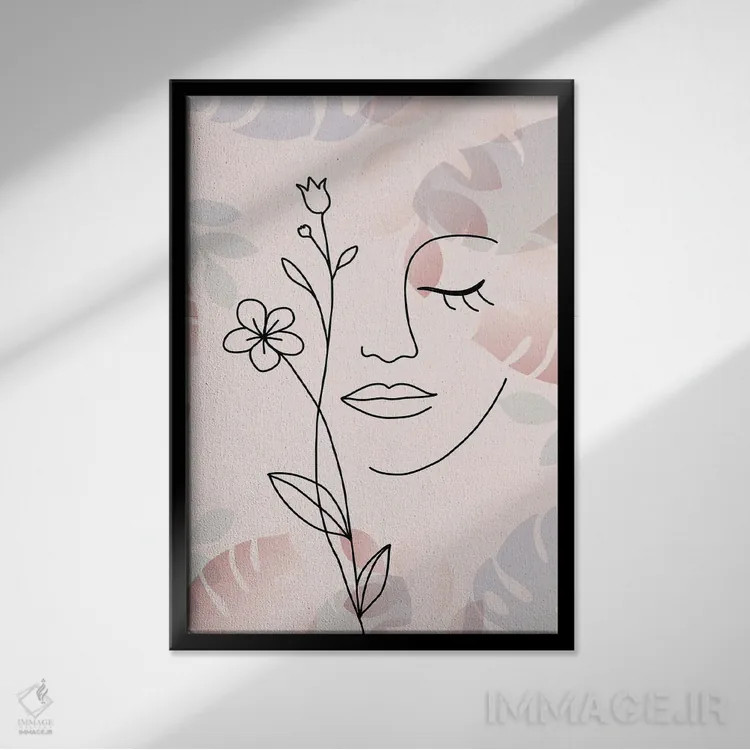 تابلو مینیمال پرتره مینیمال زن با گل شماره ۳ اثر پل رومر - نمای قابدار مشکی