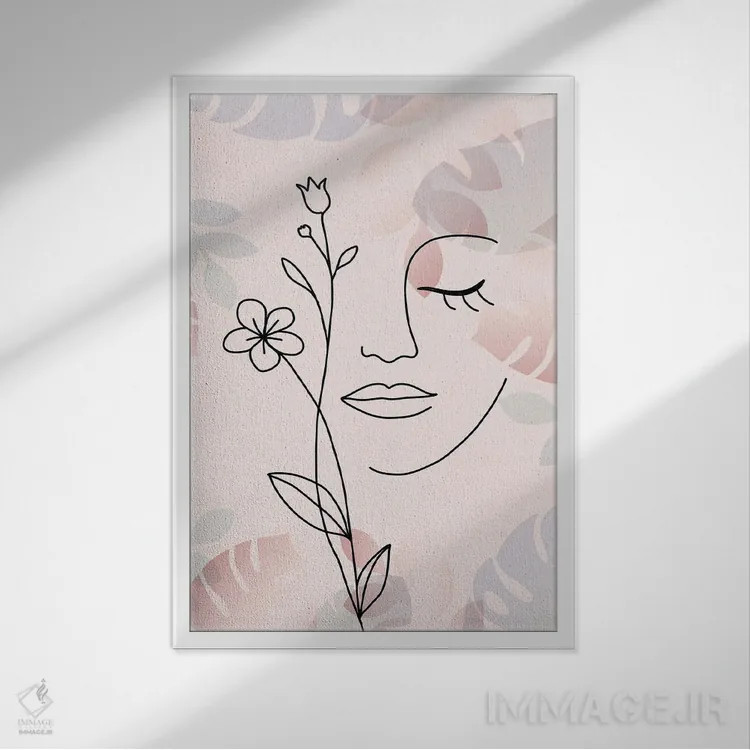 تابلو مینیمال پرتره مینیمال زن با گل شماره ۳ اثر پل رومر - نمای قابدار سفید