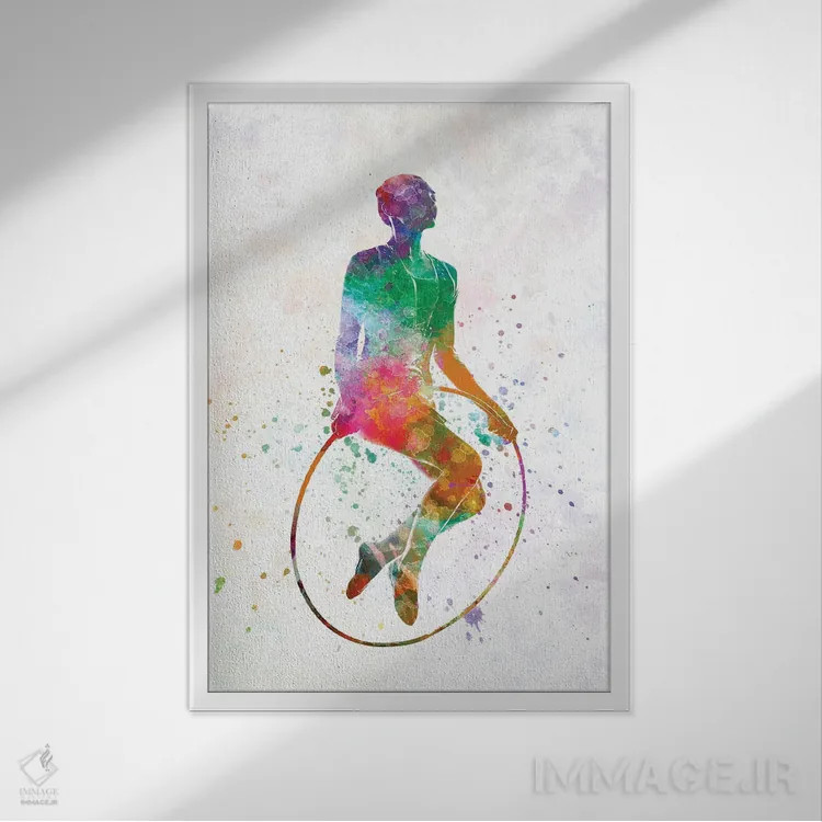 تابلو دکوراتیو پرش ژیمناستیک به سبک آبرنگ اثر پل رومر - نمای قابدار سفید