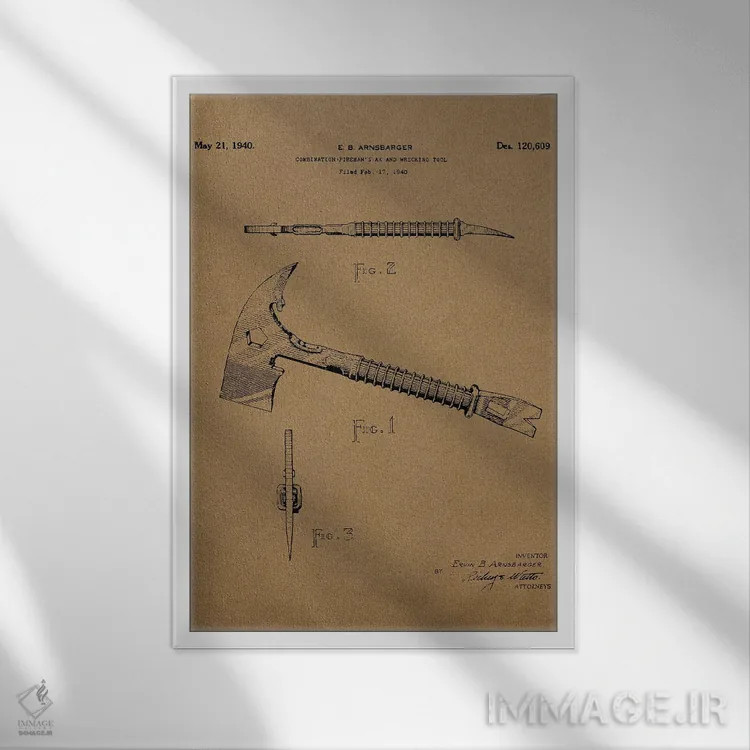 تابلو دکوراتیو پتنت صنعتی تبر آتش نشانی V اثر پل رومر - نمای قابدار سفید