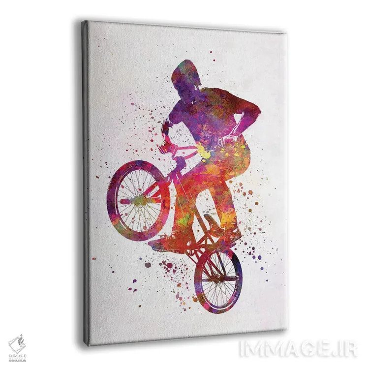 تابلو دکوراتیو مرد BMX با فیگور آکروباتیک در آبرنگ اثر پل رومر - نمای پرسپکتیو محصول