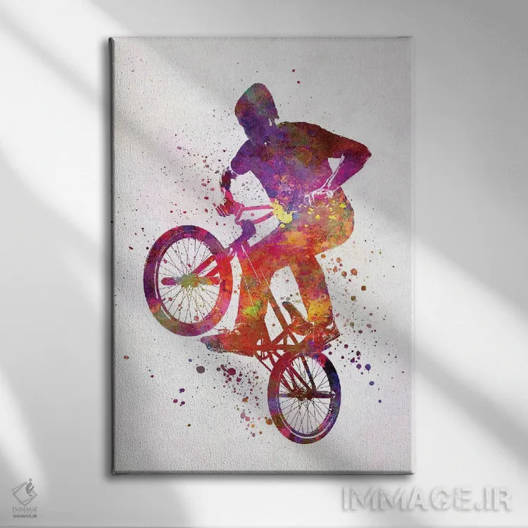 تابلو دکوراتیو مرد BMX با فیگور آکروباتیک در آبرنگ اثر پل رومر - نمای روبهرو روی دیوار