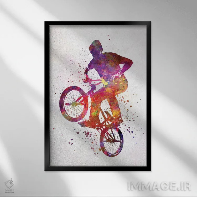 تابلو دکوراتیو مرد BMX با فیگور آکروباتیک در آبرنگ اثر پل رومر - نمای قابدار مشکی