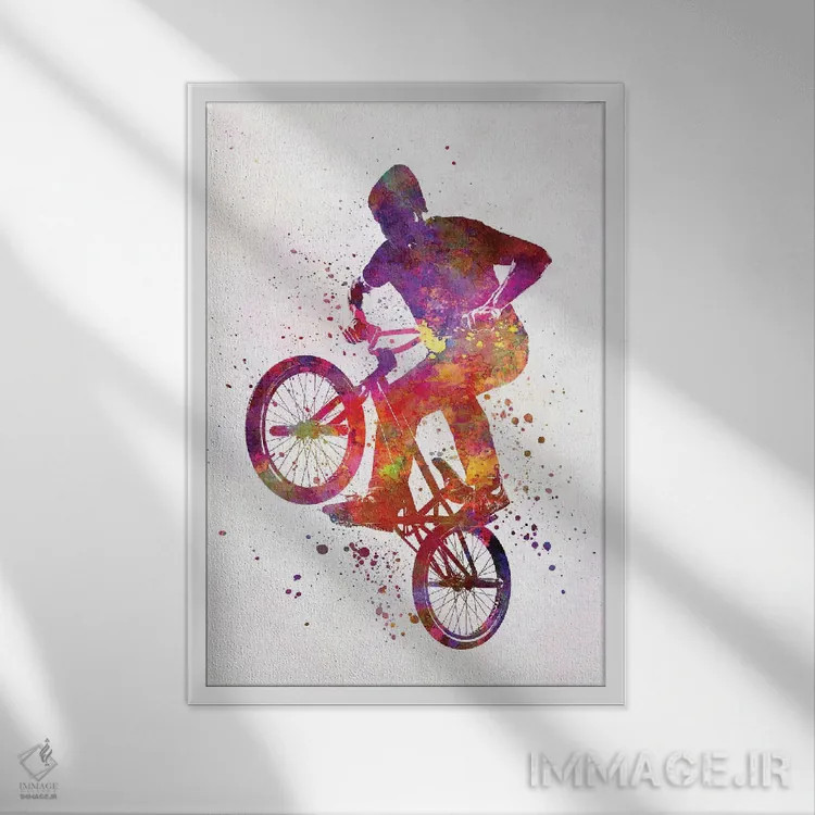 تابلو دکوراتیو مرد BMX با فیگور آکروباتیک در آبرنگ اثر پل رومر - نمای قابدار سفید