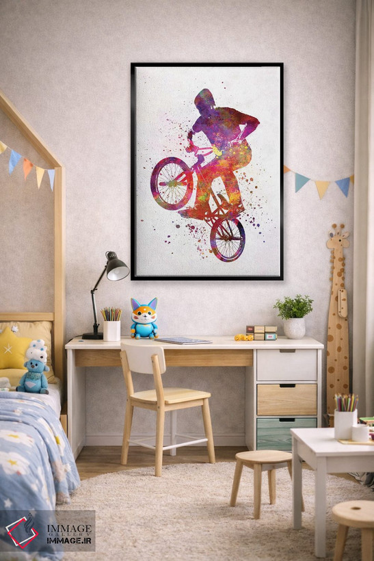 تابلو دکوراتیو مرد BMX با فیگور آکروباتیک در آبرنگ اثر پل رومر - D1B
