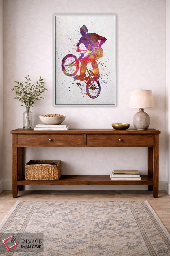 تابلو دکوراتیو مرد BMX با فیگور آکروباتیک در آبرنگ اثر پل رومر - D3W