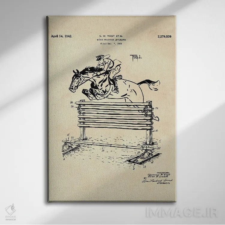 تابلو دکوراتیو حق ثبت اختراع دستگاه آموزش اسب II اثر پل رومر - نمای روبهرو روی دیوار
