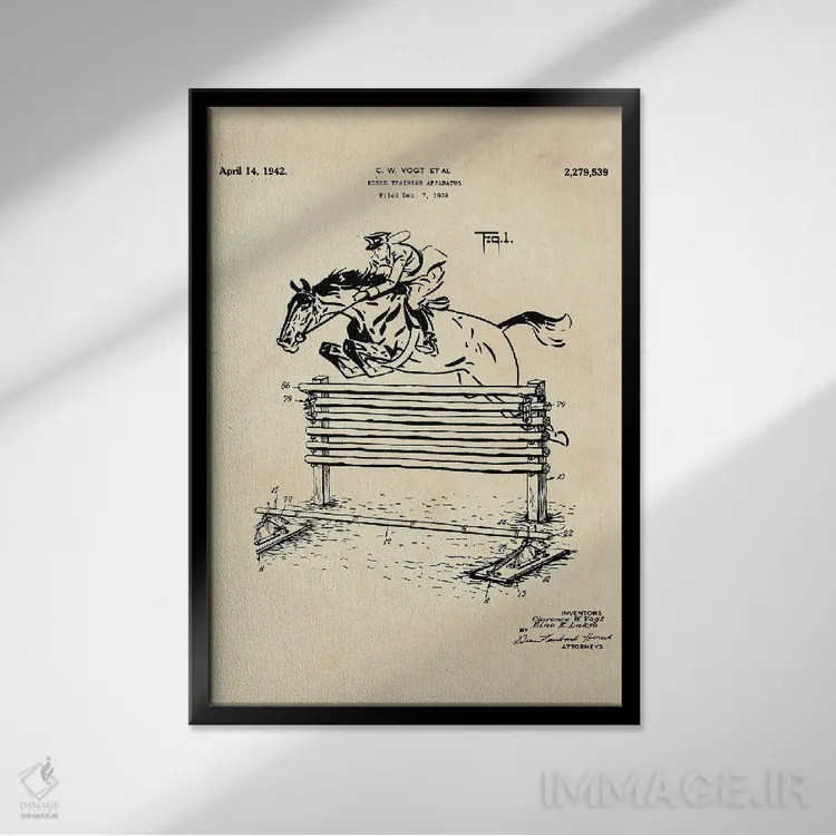 تابلو دکوراتیو حق ثبت اختراع دستگاه آموزش اسب II اثر پل رومر - نمای قابدار مشکی