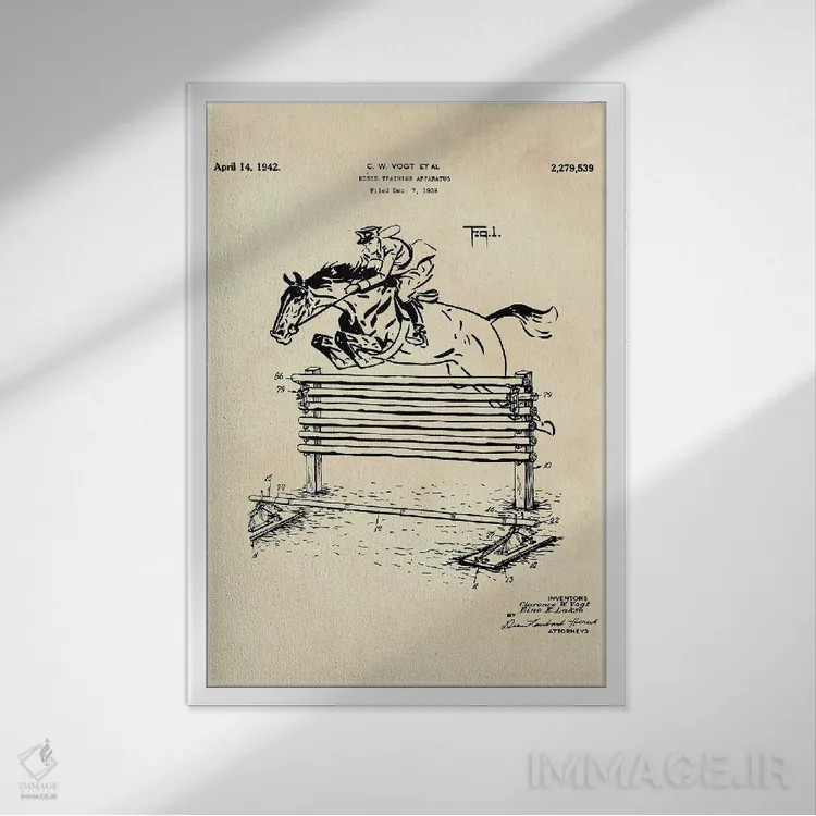 تابلو دکوراتیو حق ثبت اختراع دستگاه آموزش اسب II اثر پل رومر - نمای قابدار سفید