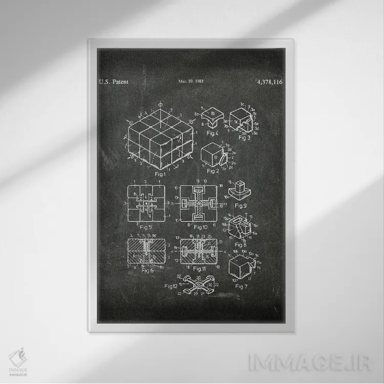 تابلو دکوراتیو حق ثبت اختراع مکعب روبیک I اثر پل رومر - نمای قابدار سفید