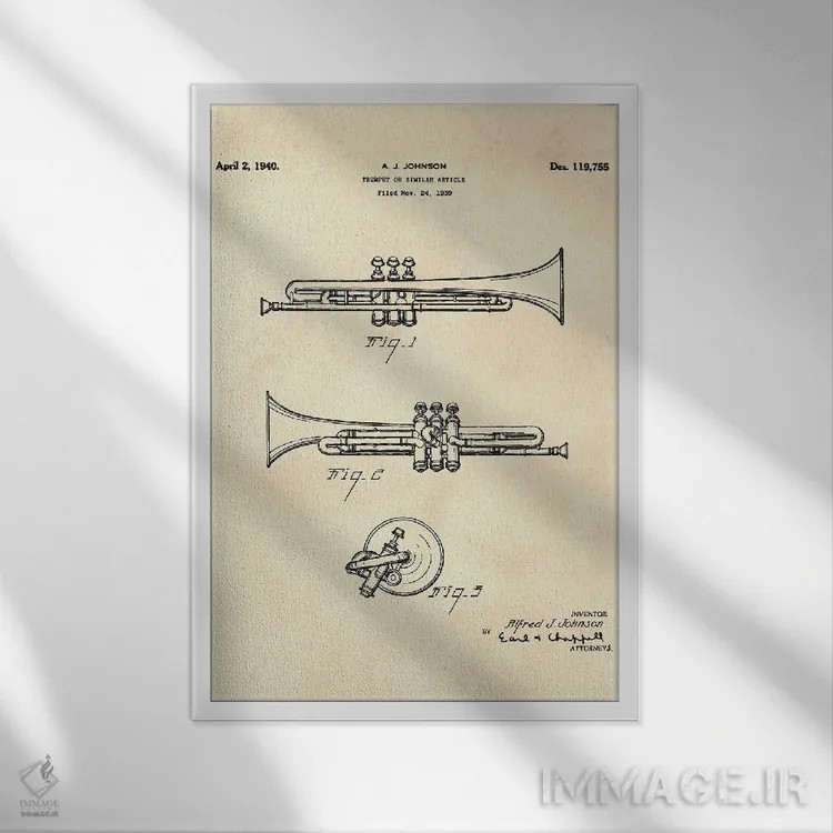 تابلو دکوراتیو اختراع ترومپت اثر پل رومر - نمای قابدار سفید