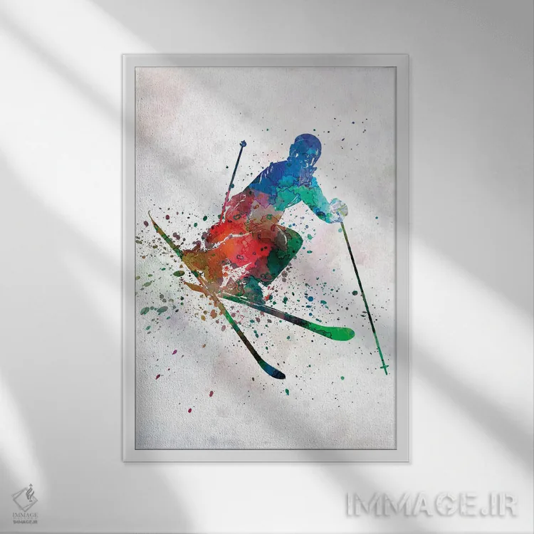 تابلو دکوراتیو اسکی باز زن آزادکار در حال پرش اثر پل رومر - نمای قابدار سفید