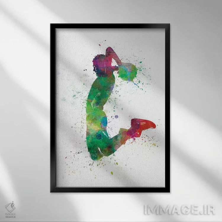 تابلو دکوراتیو بازیکن بسکتبال جوان مرد در حال دانک کردن شماره ۲ اثر پل رومر - نمای قابدار مشکی