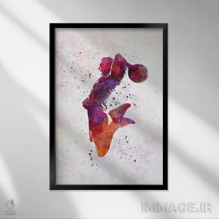 تابلو دکوراتیو بازیکن بسکتبال زن جوان با آبرنگ شماره ۱ اثر پل رومر - نمای قابدار مشکی
