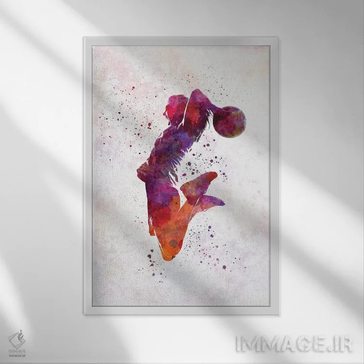 تابلو دکوراتیو بازیکن بسکتبال زن جوان با آبرنگ شماره ۱ اثر پل رومر - نمای قابدار سفید