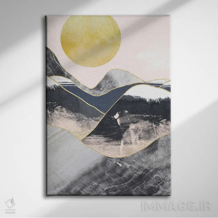 تابلو مینیمال ماه طلایی، کوه های مرمری سرمه ای اثر پیکسی پیپر - نمای روبهرو روی دیوار