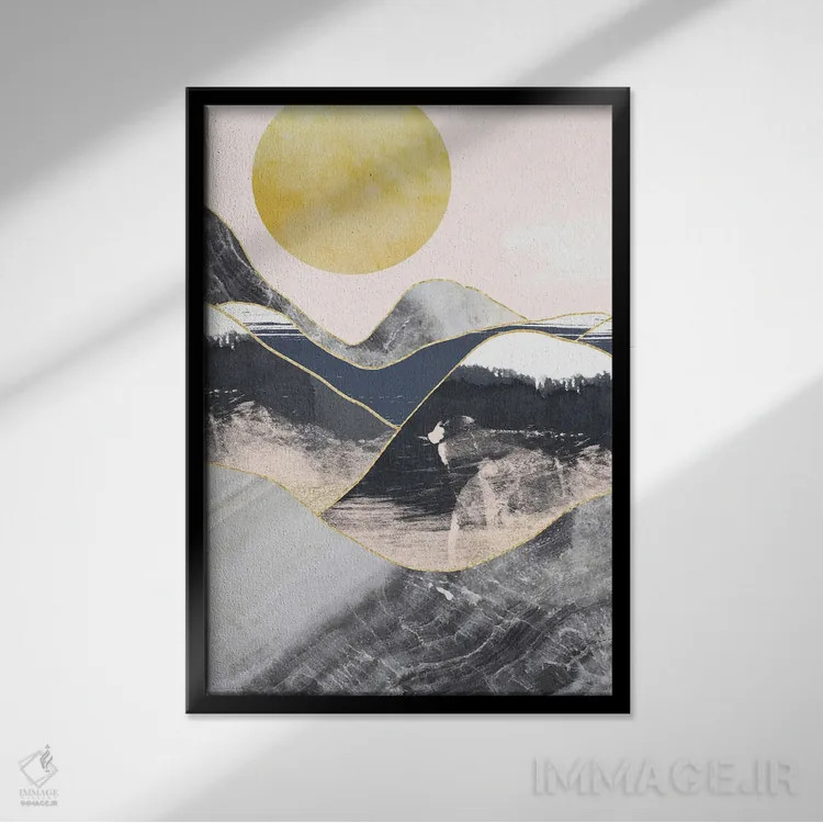 تابلو مینیمال ماه طلایی، کوه های مرمری سرمه ای اثر پیکسی پیپر - نمای قابدار مشکی