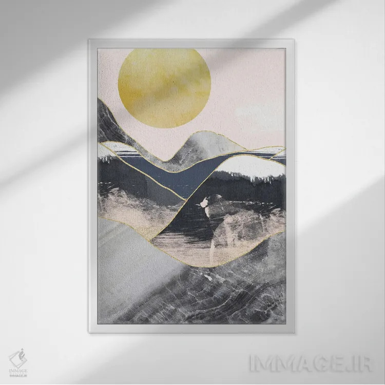 تابلو مینیمال ماه طلایی، کوه های مرمری سرمه ای اثر پیکسی پیپر - نمای قابدار سفید