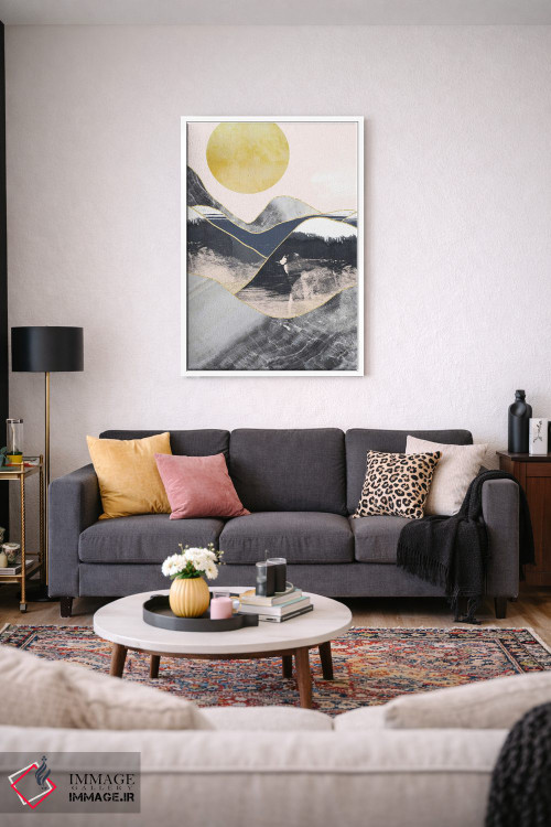تابلو مینیمال ماه طلایی، کوه های مرمری سرمه ای اثر پیکسی پیپر - D2W
