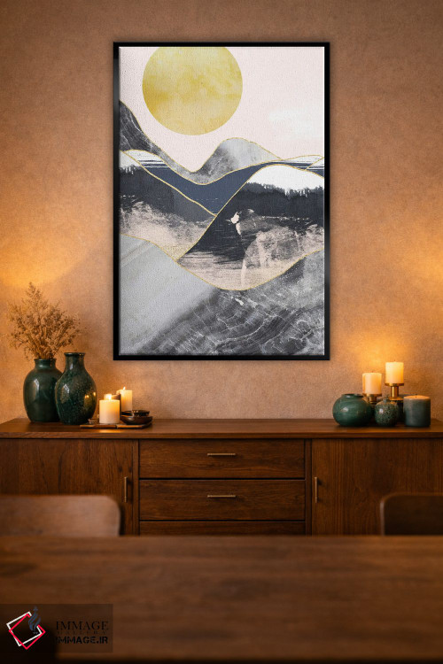 تابلو مینیمال ماه طلایی، کوه های مرمری سرمه ای اثر پیکسی پیپر - D1B