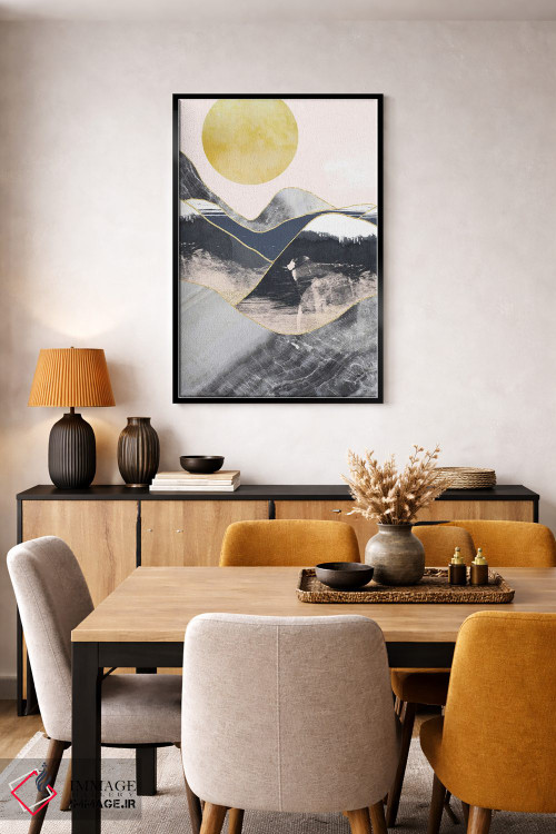 تابلو مینیمال ماه طلایی، کوه های مرمری سرمه ای اثر پیکسی پیپر - D5B