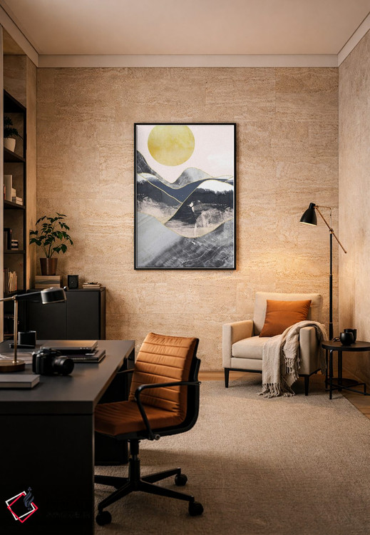 تابلو مینیمال ماه طلایی، کوه های مرمری سرمه ای اثر پیکسی پیپر - D6B