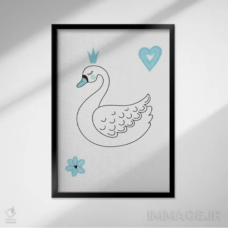 تابلو مینیمال رقاص کوچک باله قو آبی اثر پیکسی پیپر - نمای قابدار مشکی