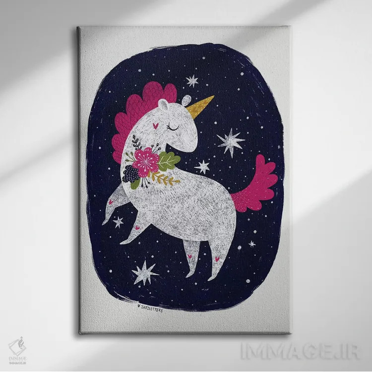 تابلو دکوراتیو اسب شاخدار شب جادویی اثر پیکسی پیپر - نمای روبهرو روی دیوار