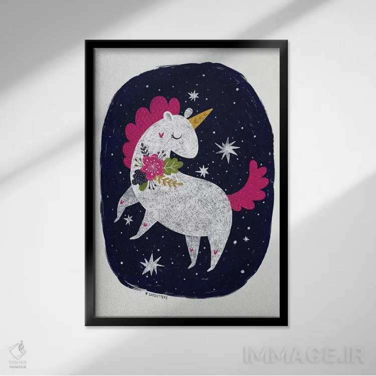 تابلو دکوراتیو اسب شاخدار شب جادویی اثر پیکسی پیپر - نمای قابدار مشکی