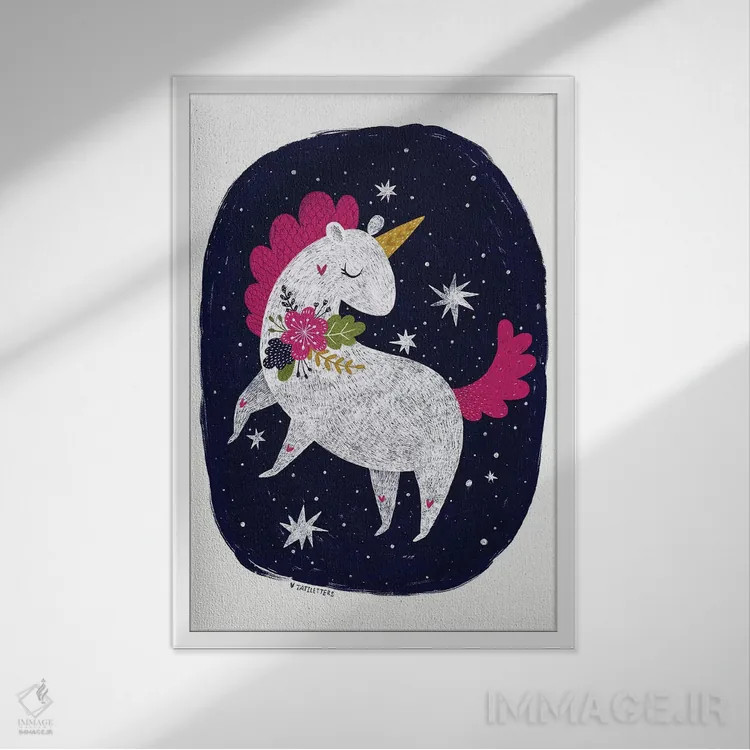 تابلو دکوراتیو اسب شاخدار شب جادویی اثر پیکسی پیپر - نمای قابدار سفید