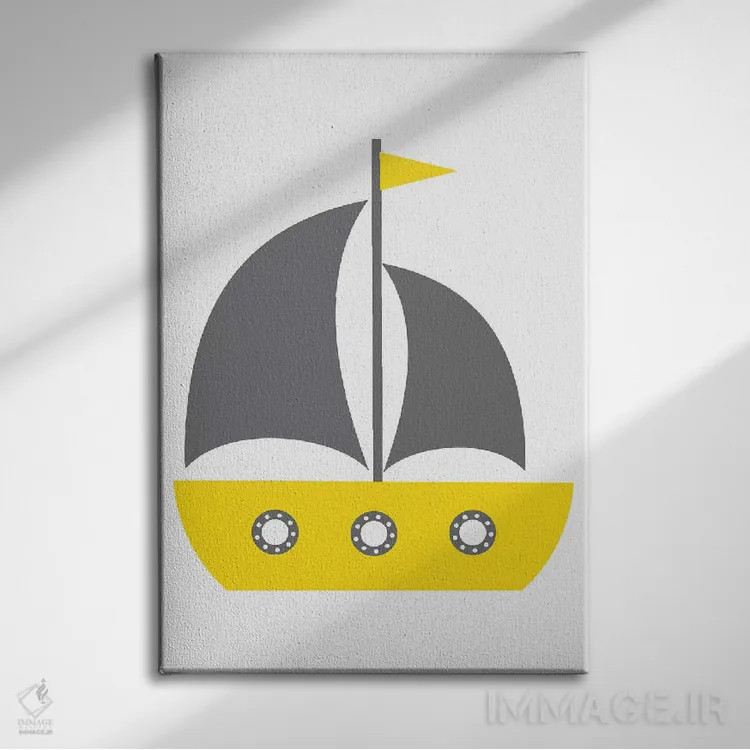 تابلو دکوراتیو قایق زرد - طرح نوردیک اثر پیکسی پیپر - نمای روبهرو روی دیوار