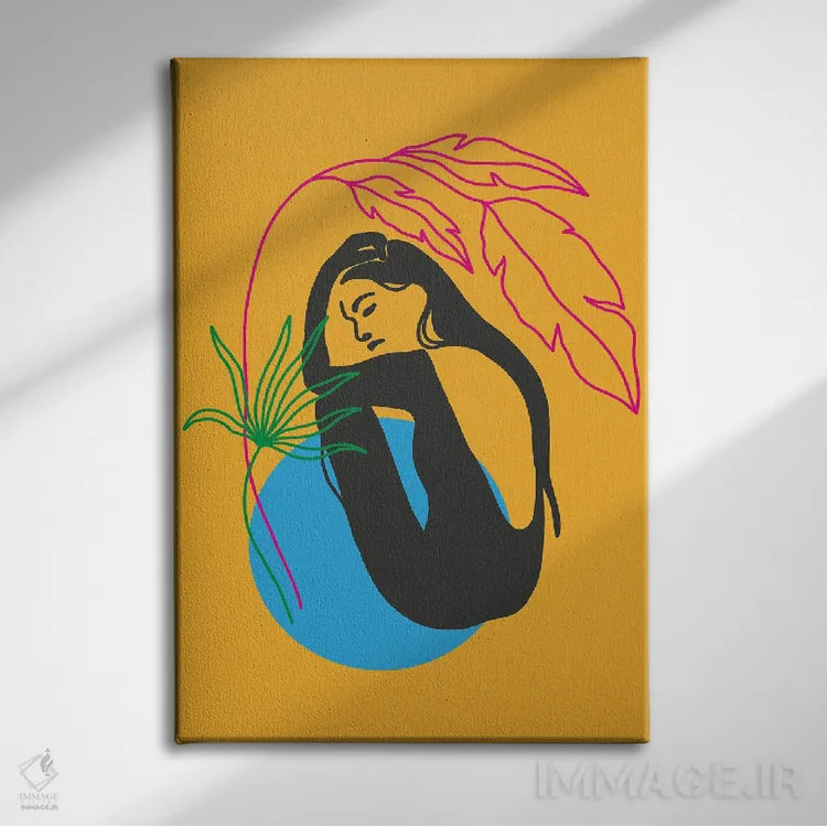 تابلو مینیمال دختر زیر گیاه - زرد نئونی فانک اثر پیکسی پیپر - نمای روبهرو روی دیوار