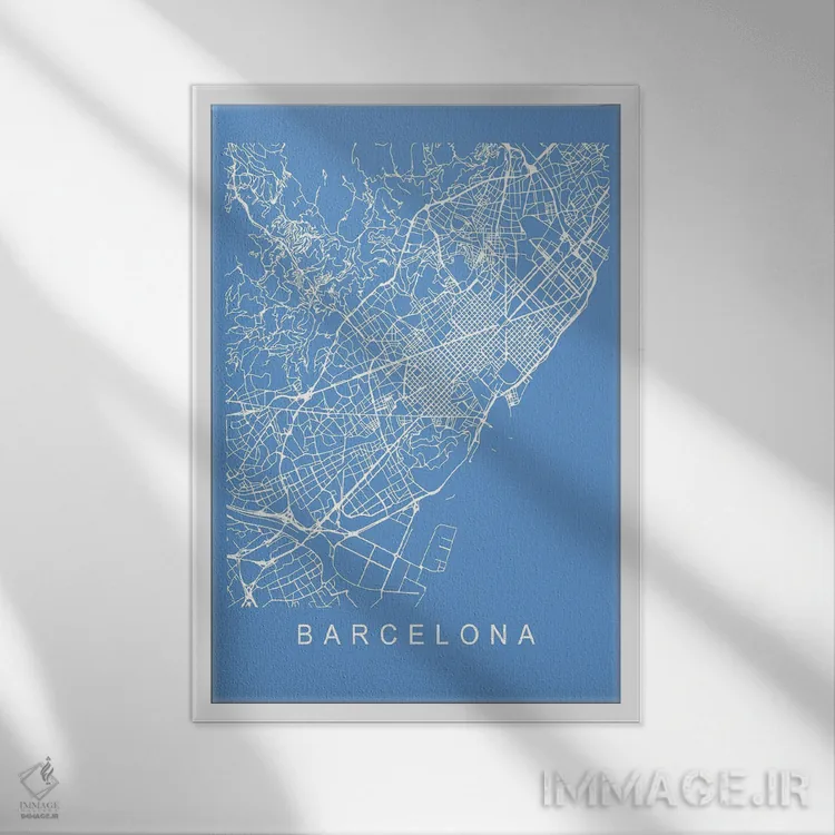 تابلو دکوراتیو نقشه بارسلونا اثر پیکسی پیپر - نمای قابدار سفید