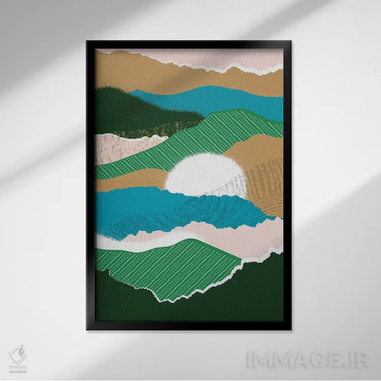 تابلو مینیمال خورشید در حال طلوع جنگل انتزاعی اثر پیکسی پیپر - نمای قابدار مشکی