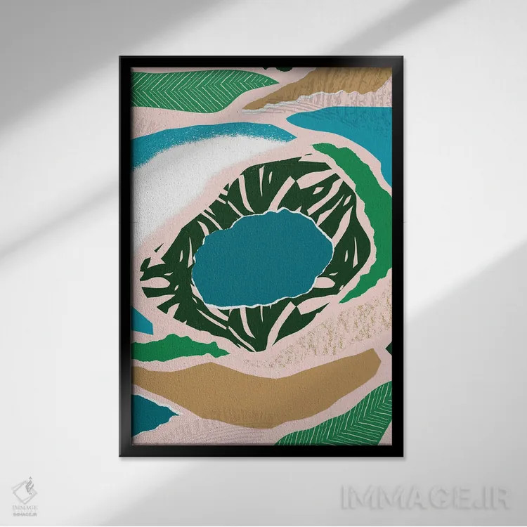 تابلو مینیمال دریاچه آبی انتزاعی جنگلی اثر پیکسی پیپر - نمای قابدار مشکی