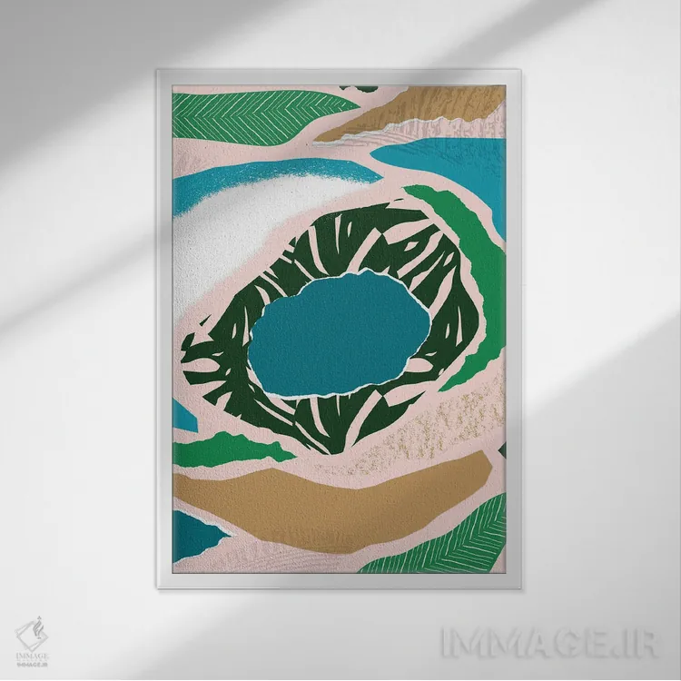 تابلو مینیمال دریاچه آبی انتزاعی جنگلی اثر پیکسی پیپر - نمای قابدار سفید